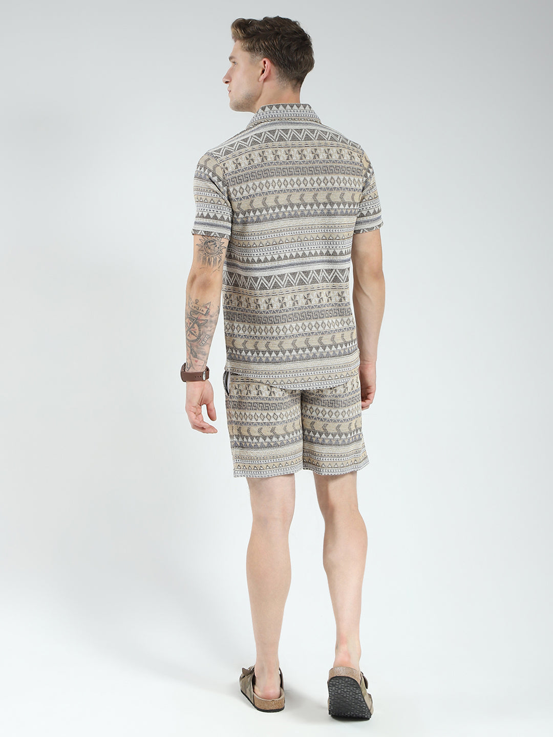 Men Brown Printed Collar Half Sleeve Bermuda Set