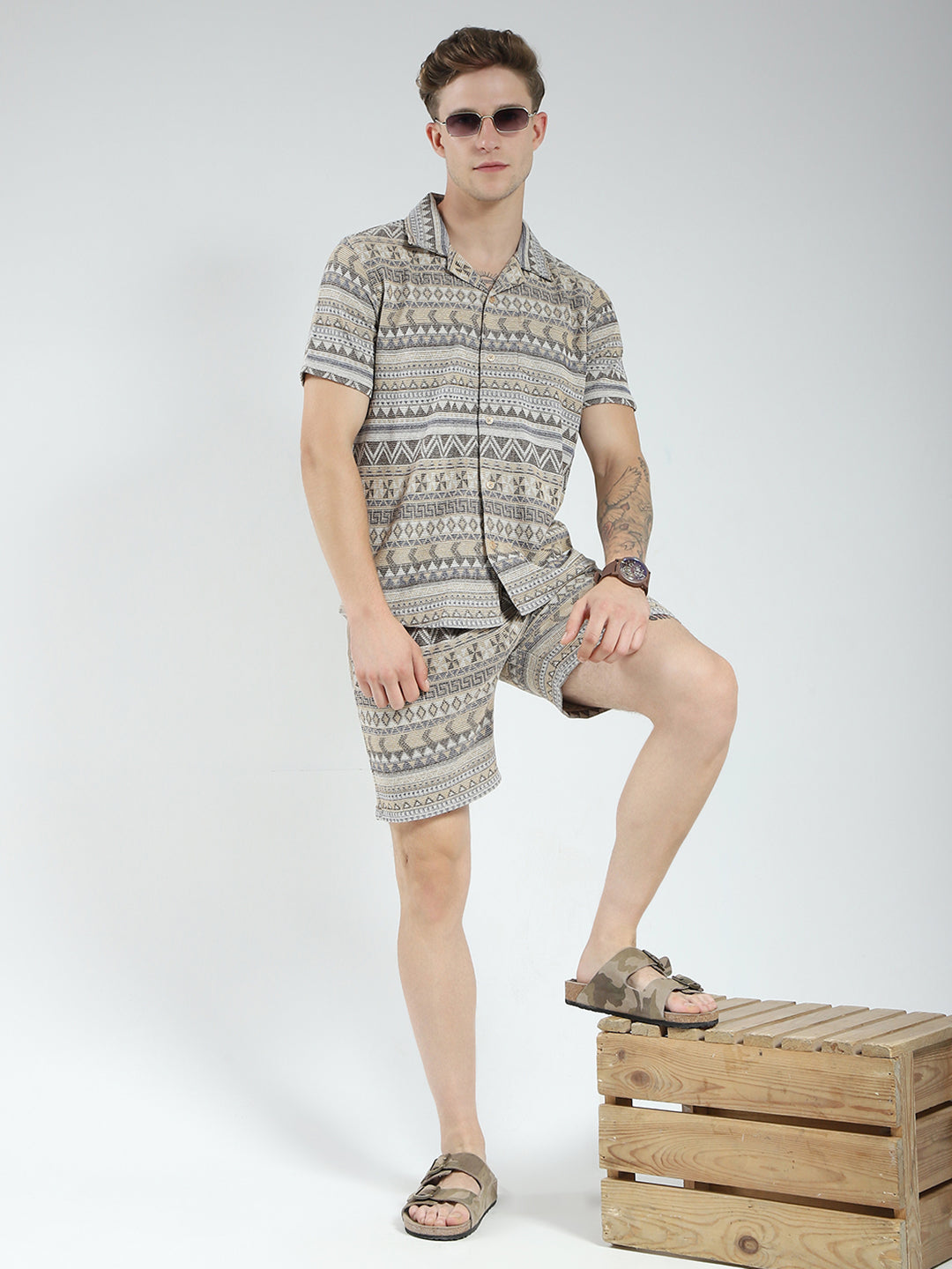 Men Brown Printed Collar Half Sleeve Bermuda Set