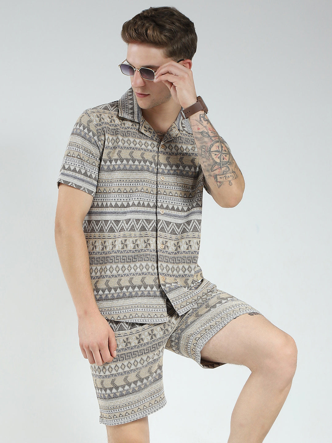 Men Brown Printed Collar Half Sleeve Bermuda Set