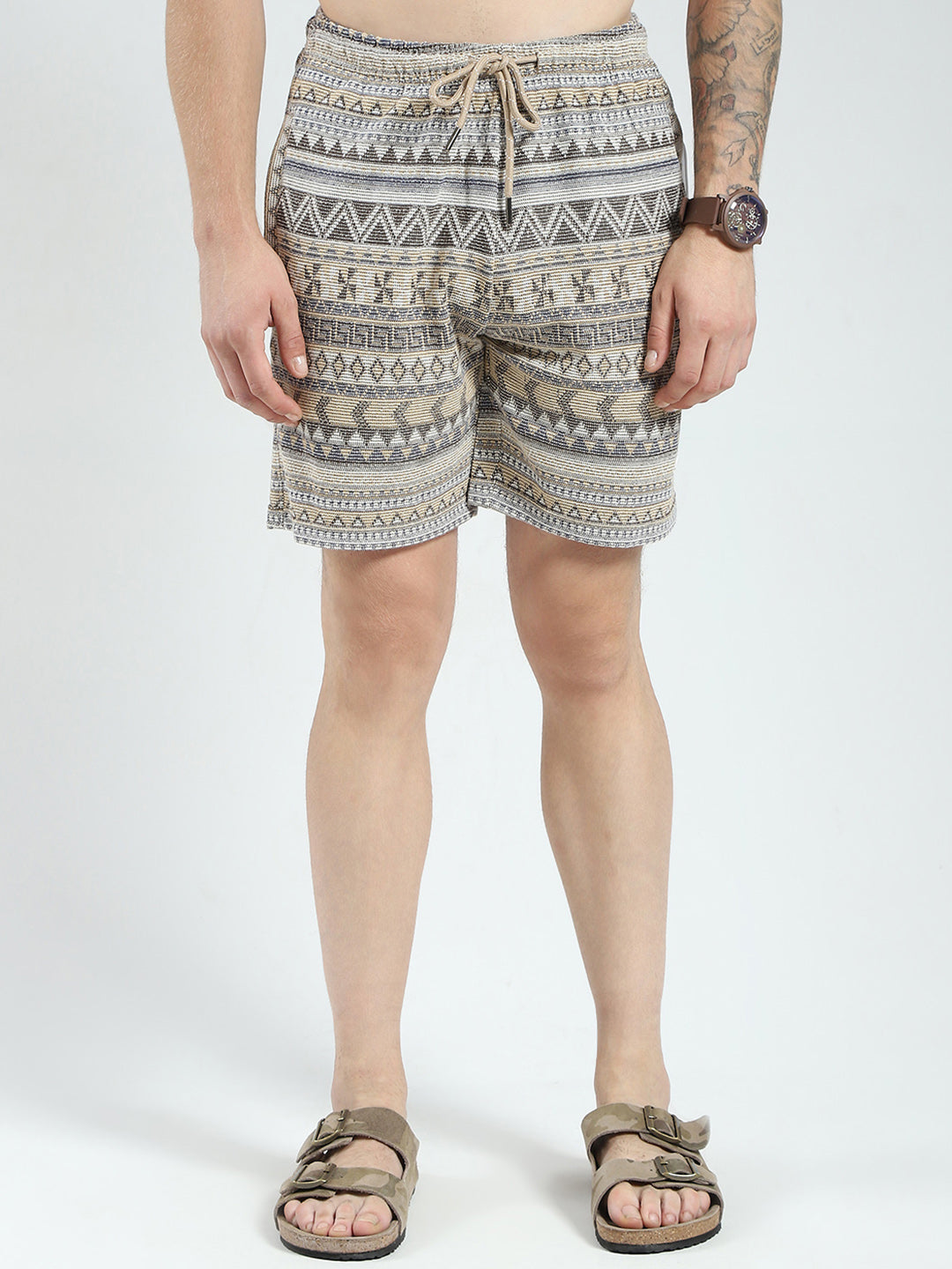 Men Brown Printed Collar Half Sleeve Bermuda Set