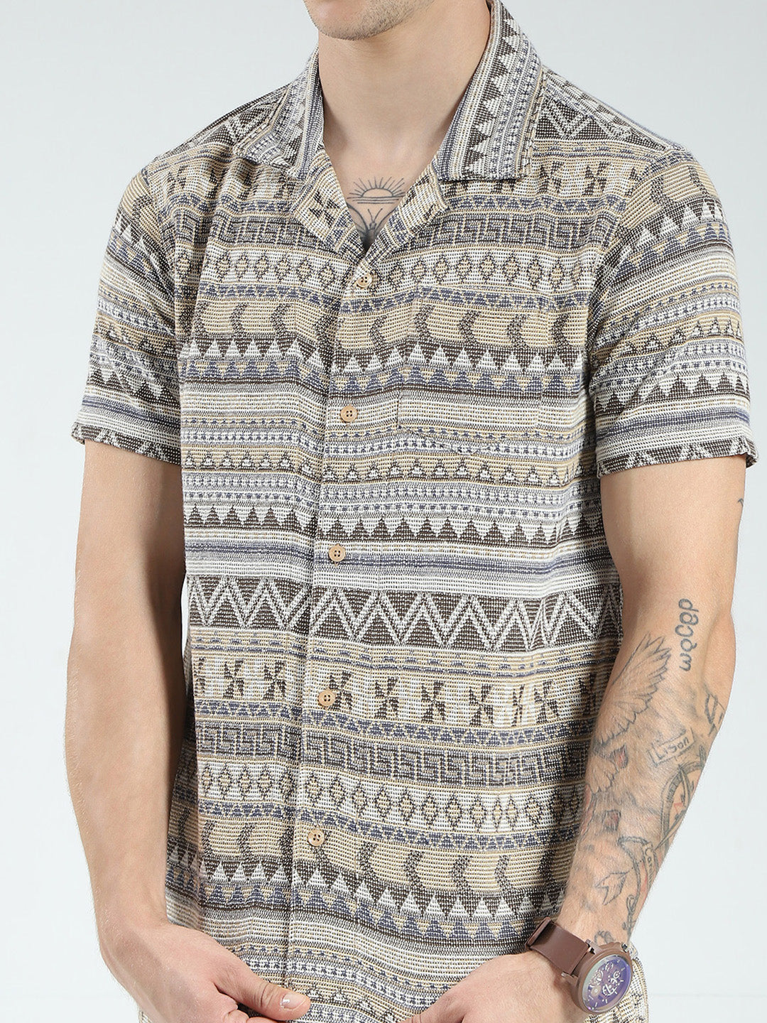 Men Brown Printed Collar Half Sleeve Bermuda Set