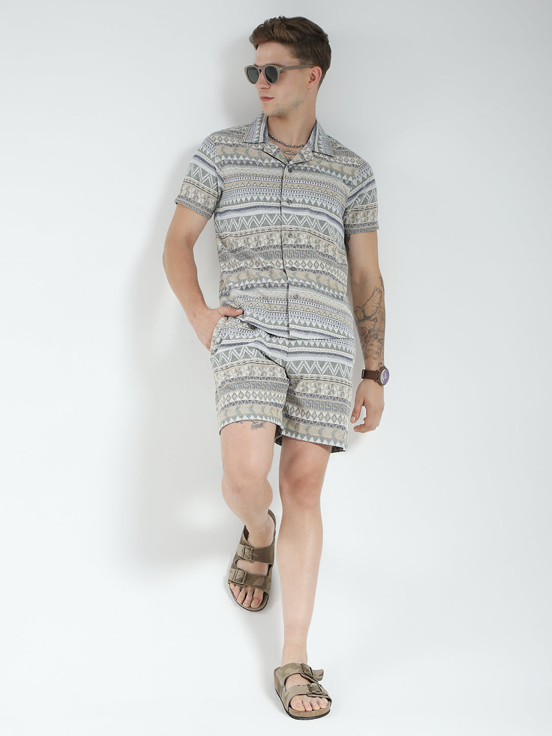 Men Green Printed Collar Half Sleeve Bermuda Set