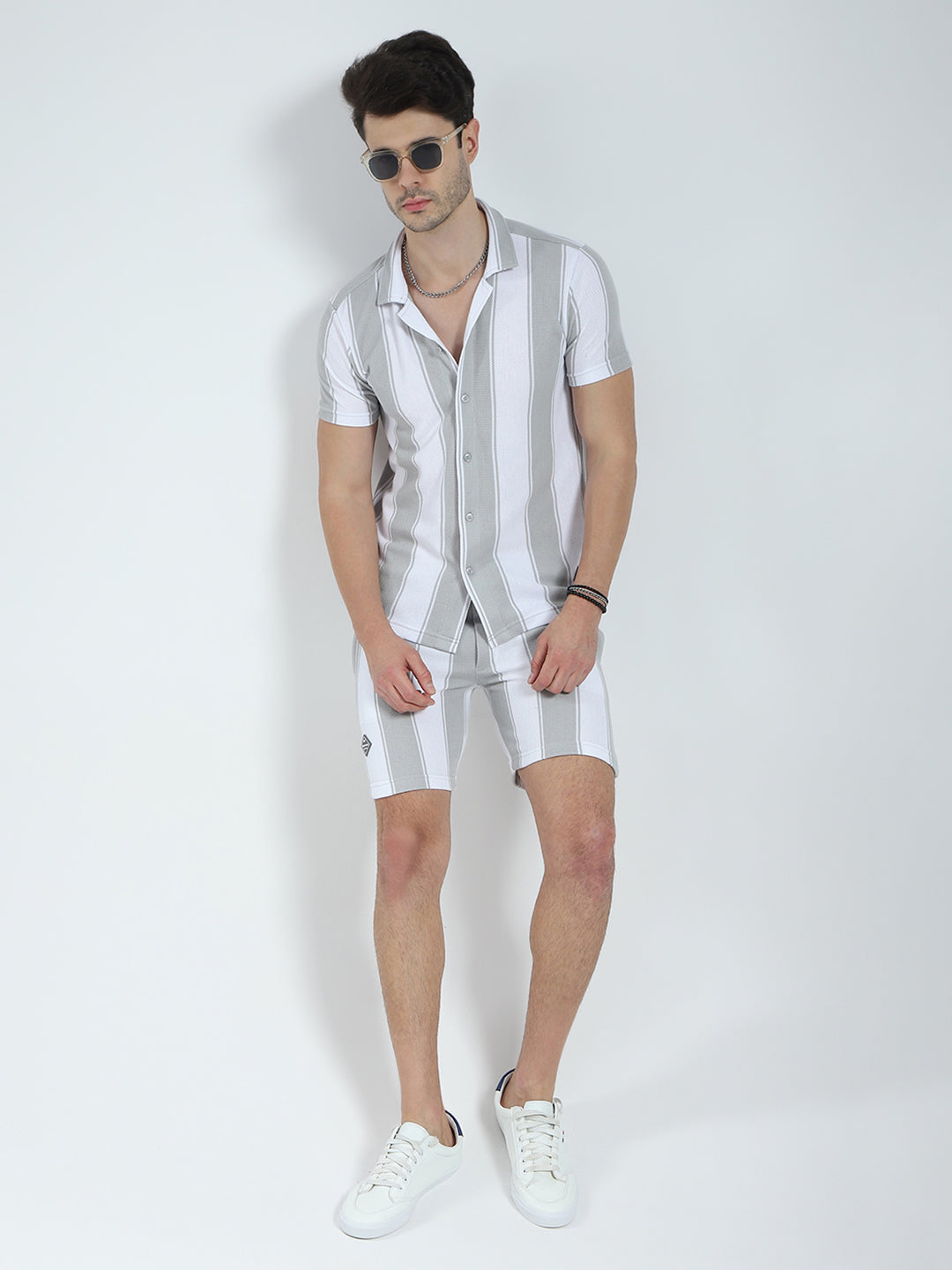 Men Grey Self Design Collar Half Sleeve Bermuda Set