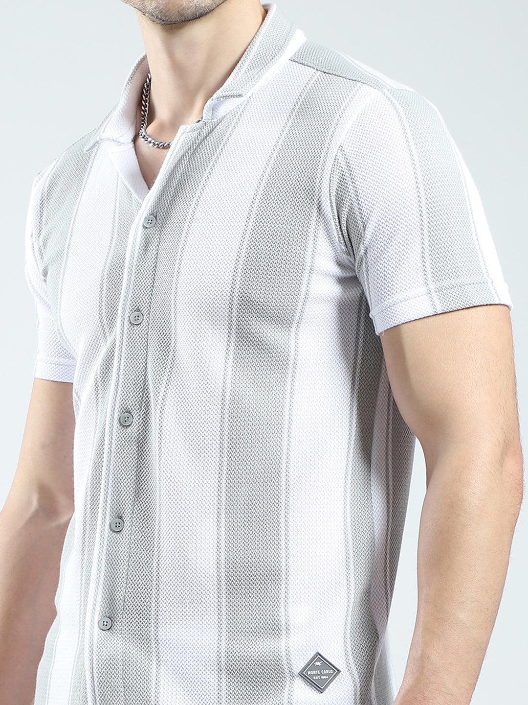 Men Grey Self Design Collar Half Sleeve Bermuda Set