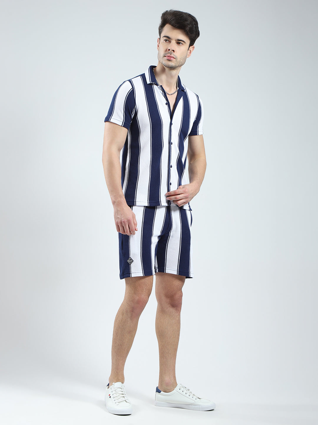 Men Navy Blue Self Design Collar Half Sleeve Bermuda Set