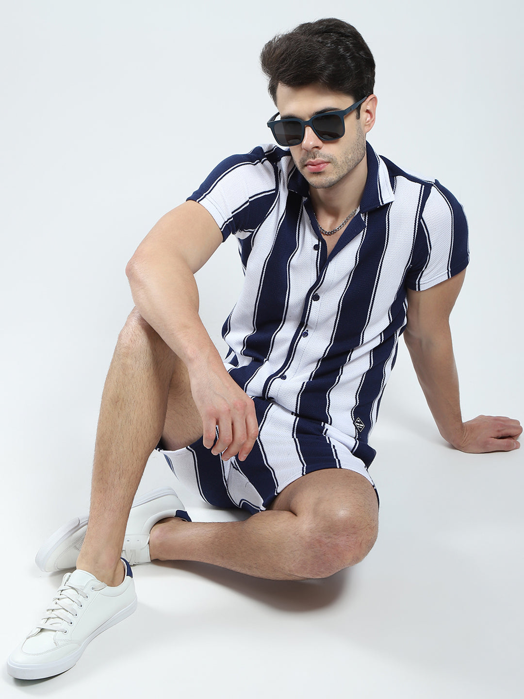 Men Navy Blue Self Design Collar Half Sleeve Bermuda Set