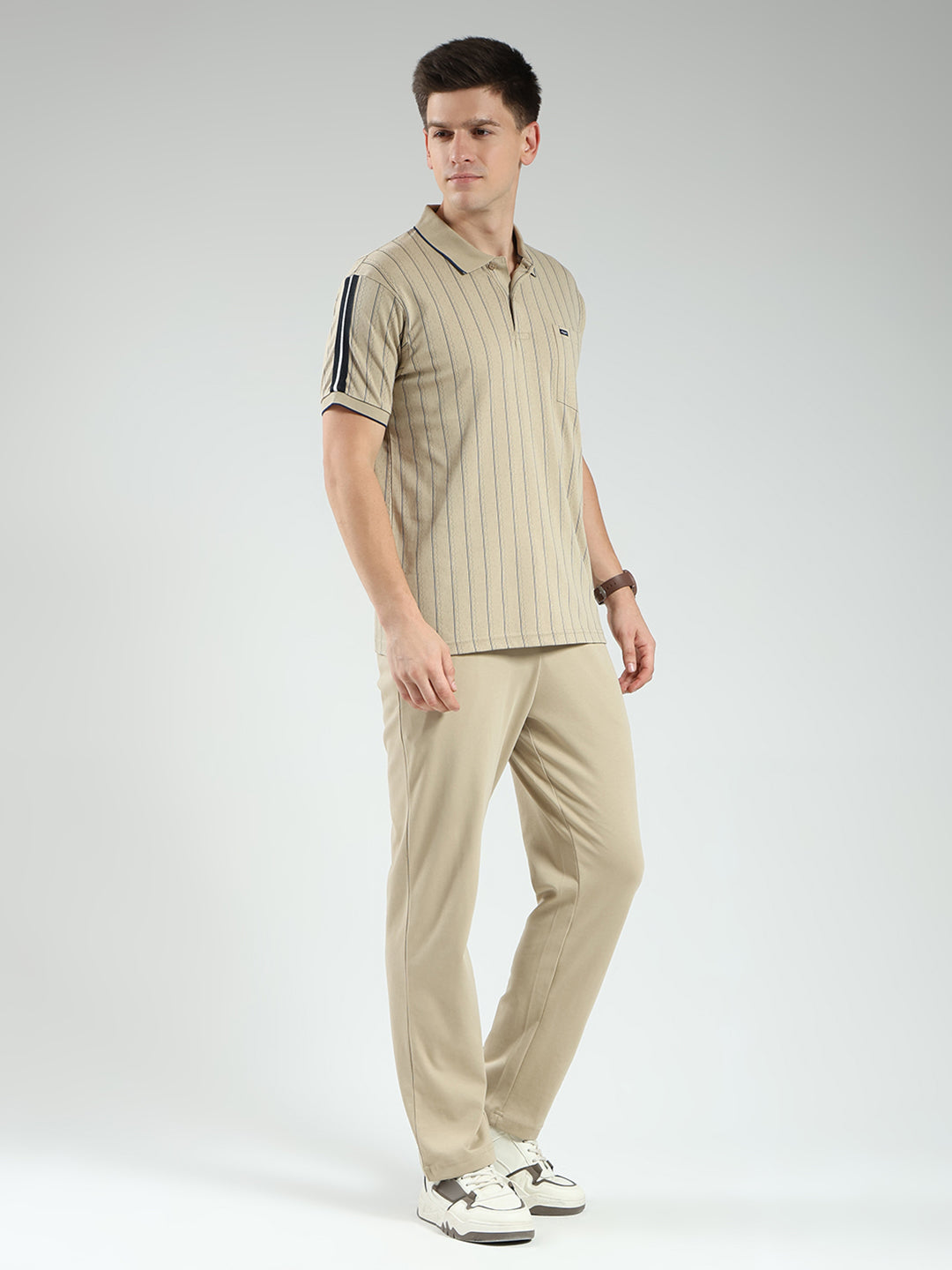 Men Brown Stripe Collar Half Sleeve Lower Set