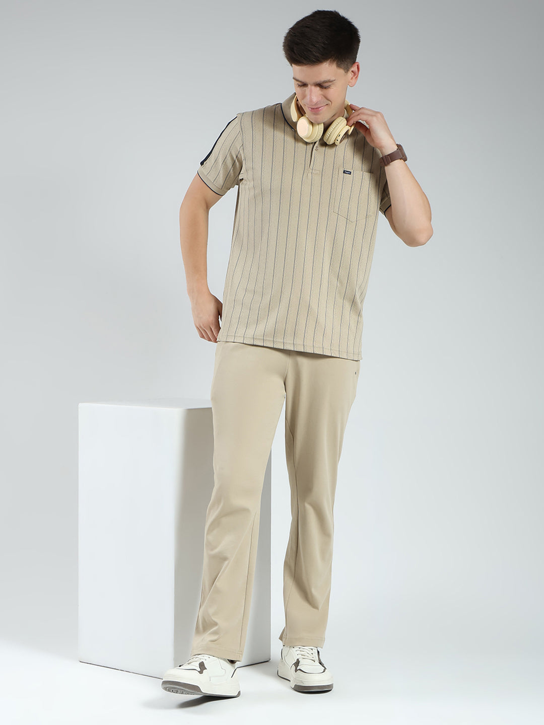 Men Brown Stripe Collar Half Sleeve Lower Set