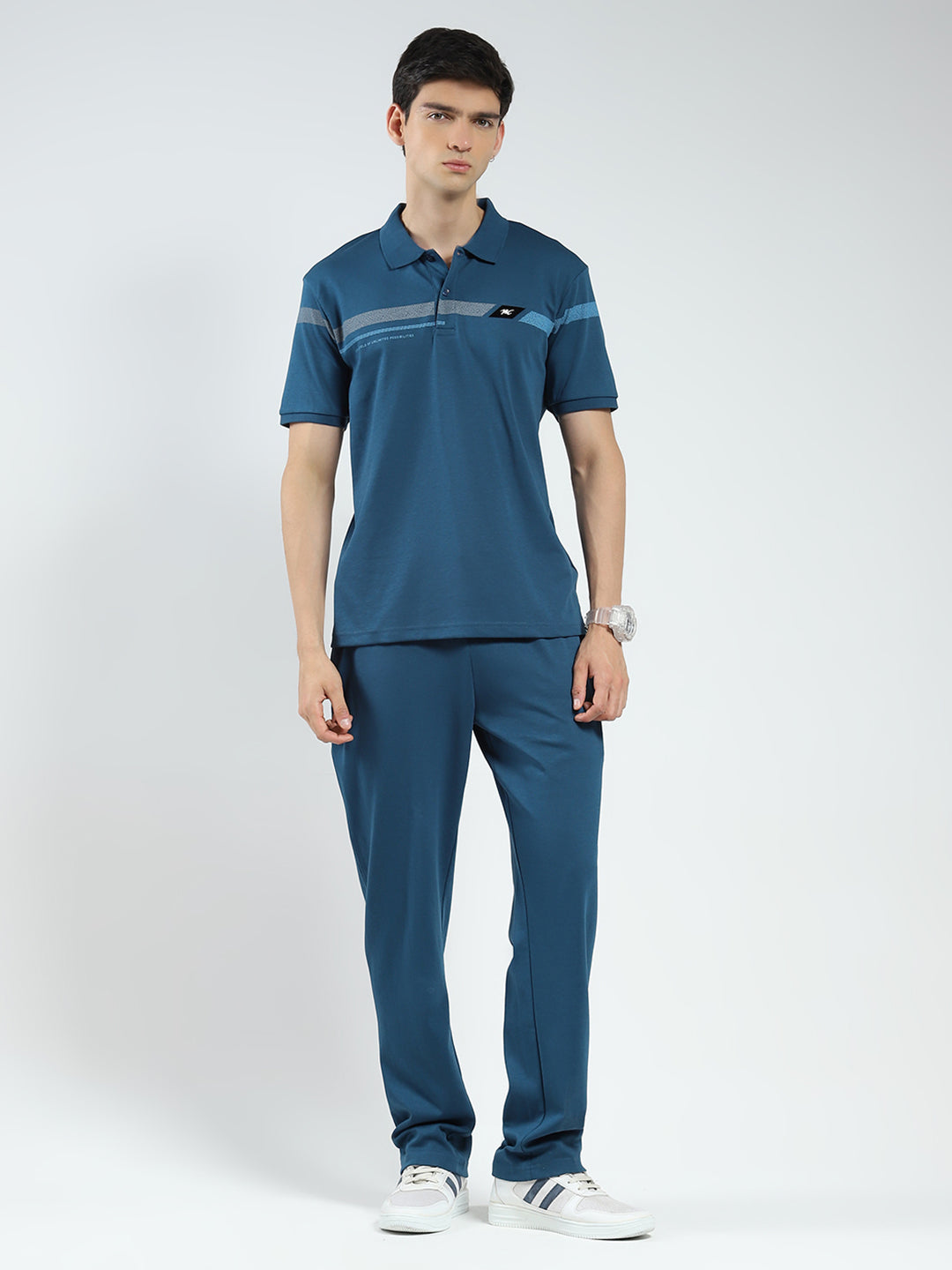 Men Teal Blue Printed Collar Half Sleeve Lower Set