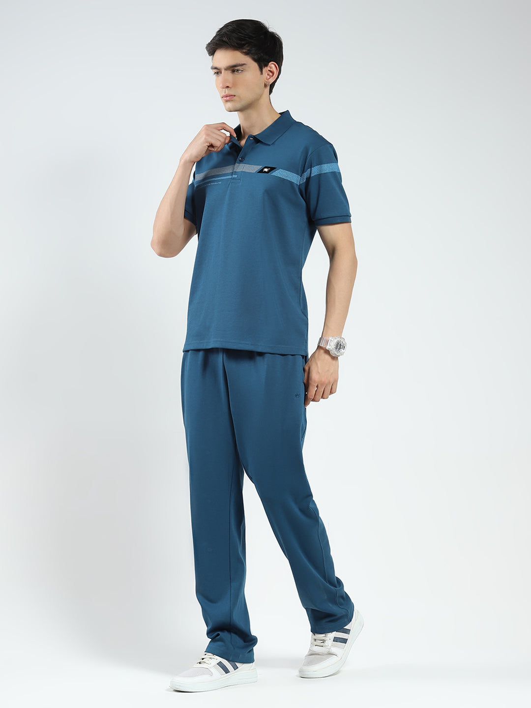 Men Teal Blue Printed Collar Half Sleeve Lower Set