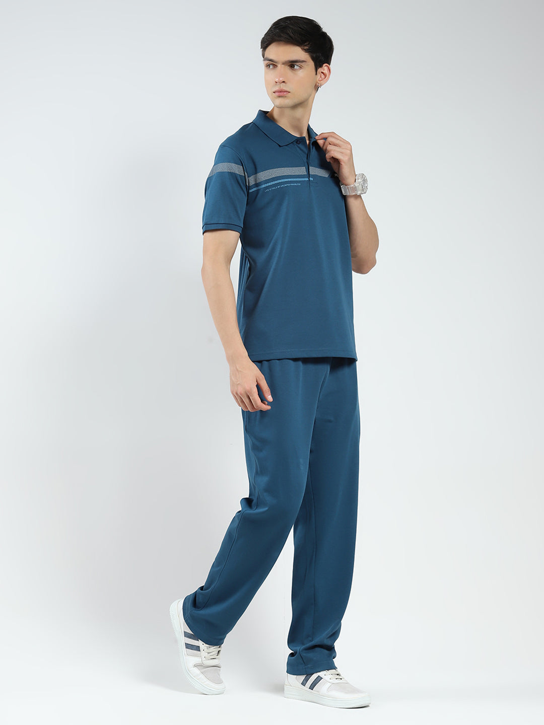 Men Teal Blue Printed Collar Half Sleeve Lower Set