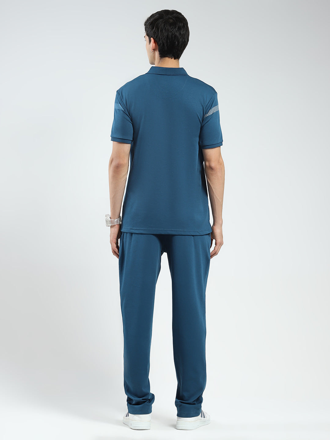 Men Teal Blue Printed Collar Half Sleeve Lower Set