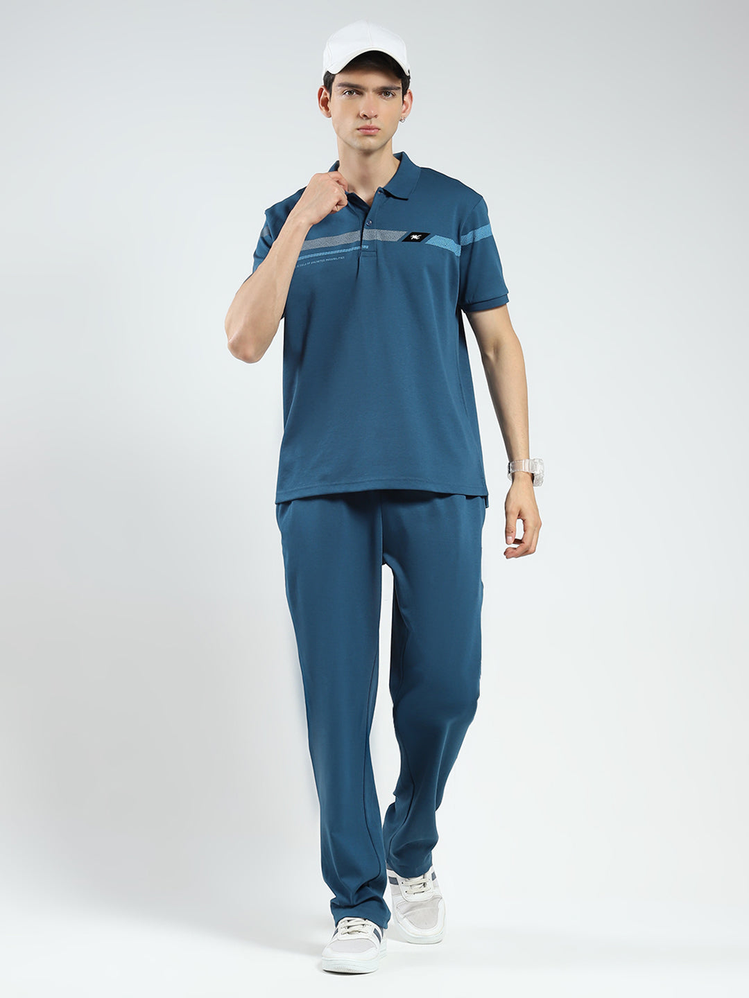 Men Teal Blue Printed Collar Half Sleeve Lower Set