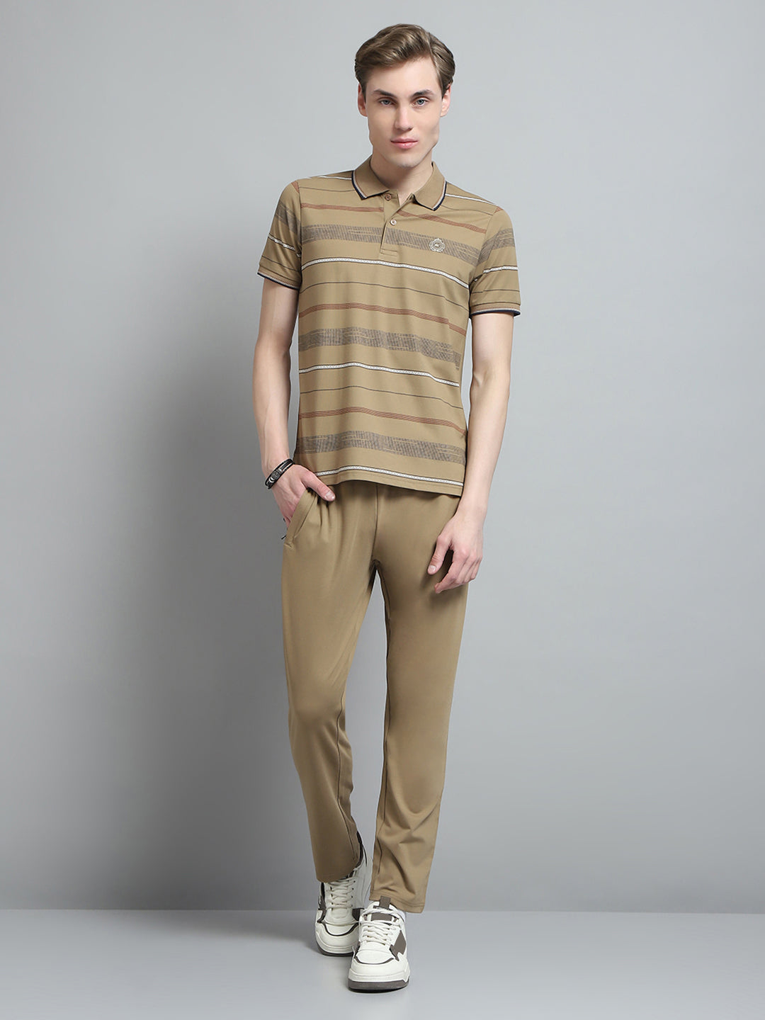 Men Camel Brown Printed Collar Half Sleeve Lower Set