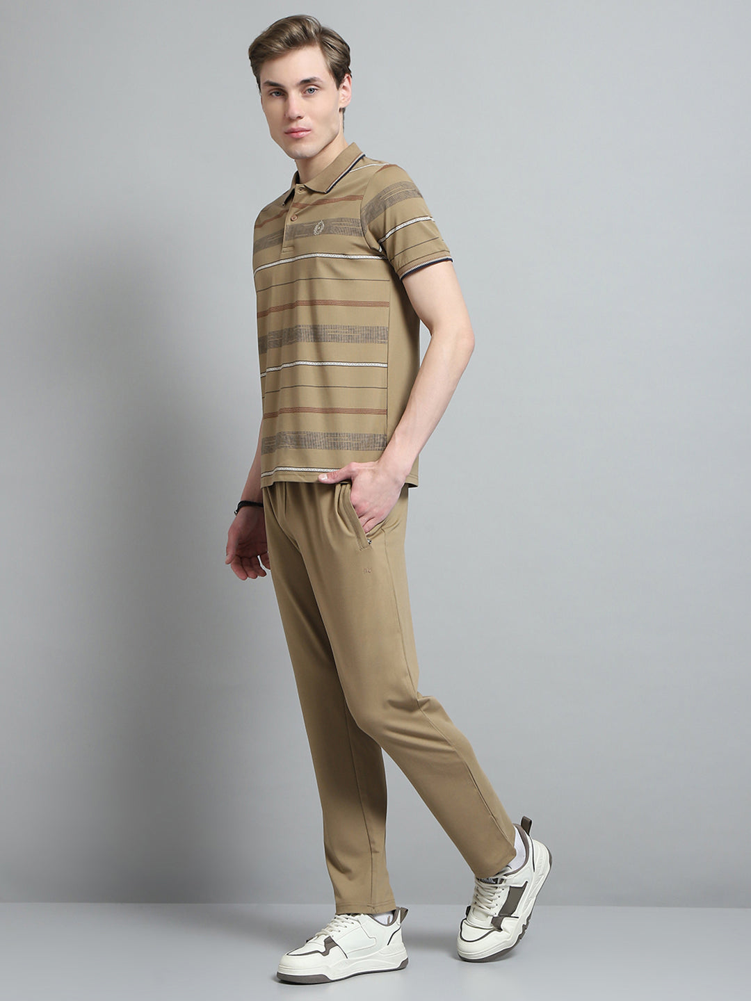 Men Camel Brown Printed Collar Half Sleeve Lower Set