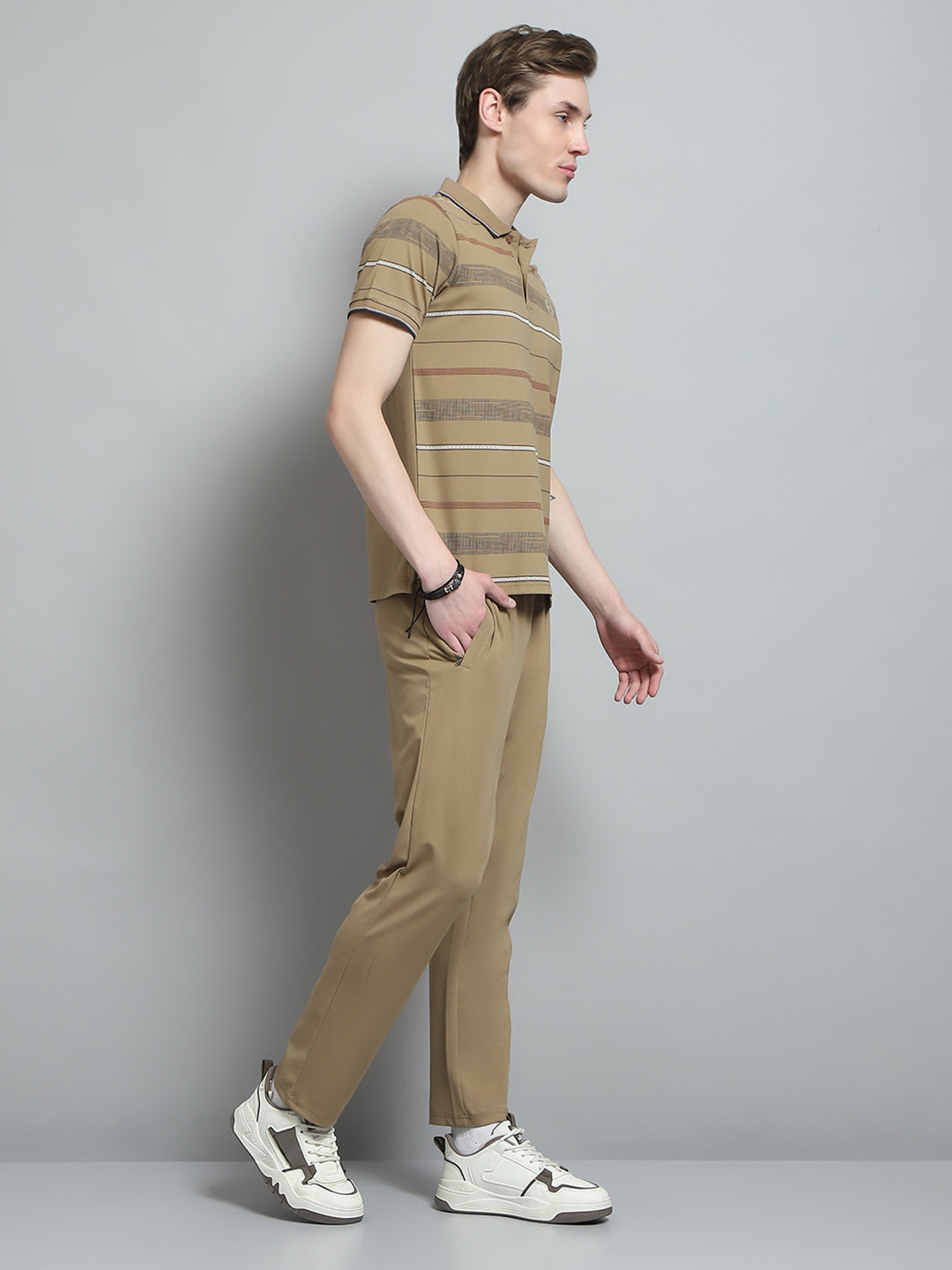 Men Camel Brown Printed Collar Half Sleeve Lower Set