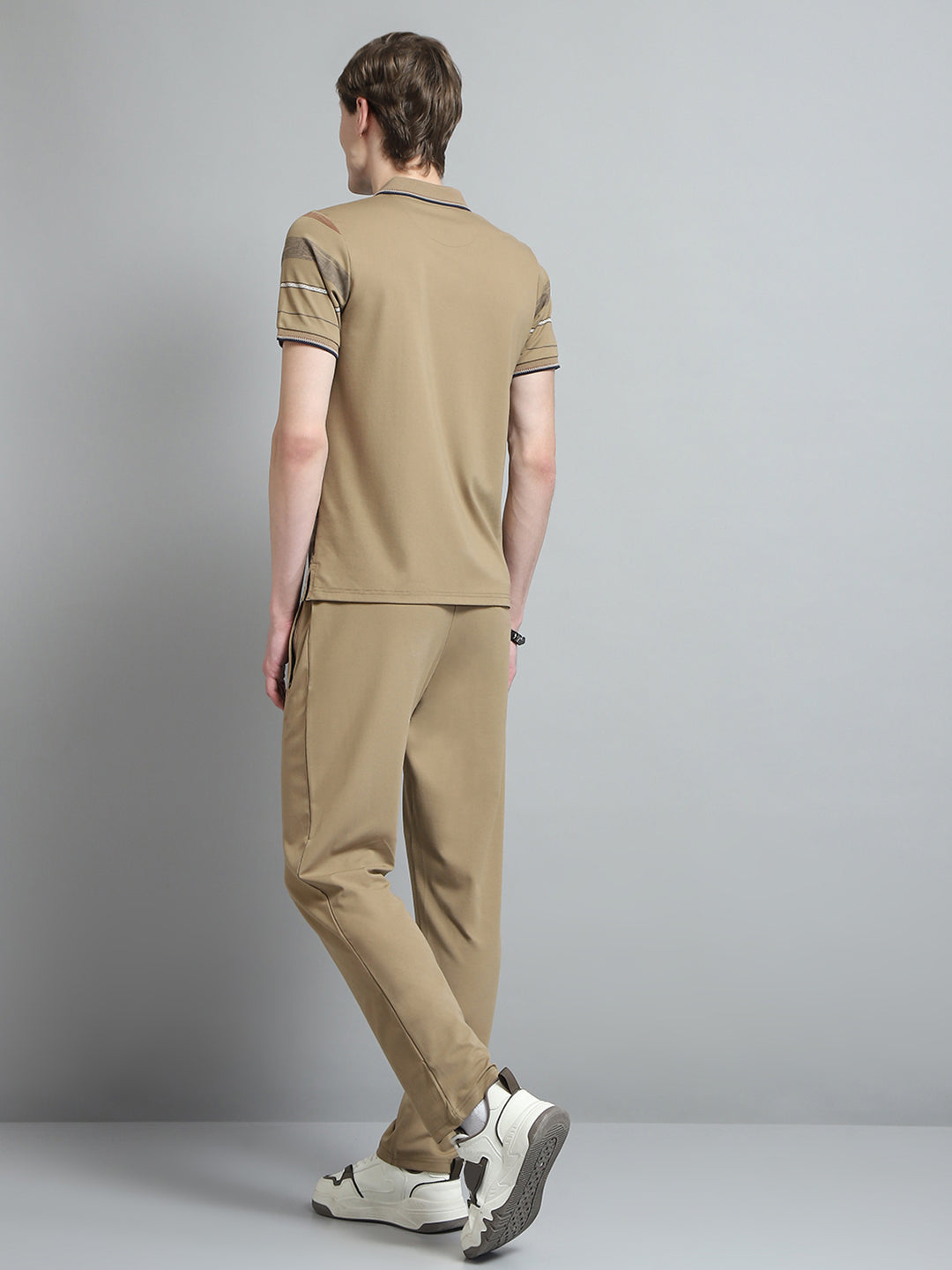 Men Camel Brown Printed Collar Half Sleeve Lower Set