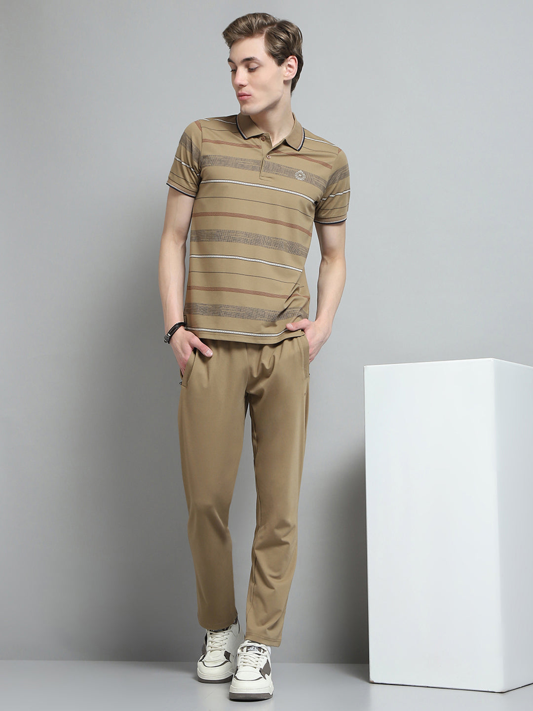 Men Camel Brown Printed Collar Half Sleeve Lower Set