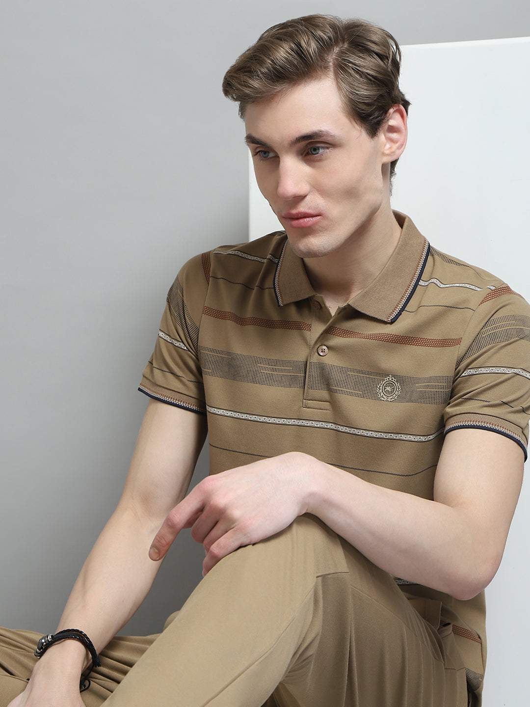 Men Camel Brown Printed Collar Half Sleeve Lower Set