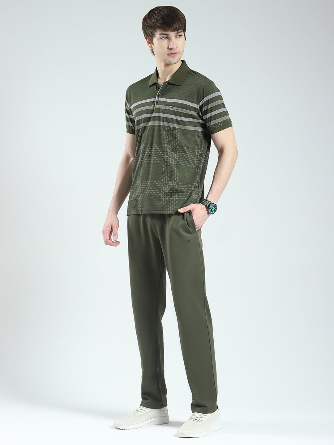 Men Olive Stripe Collar Half Sleeve Lower Set