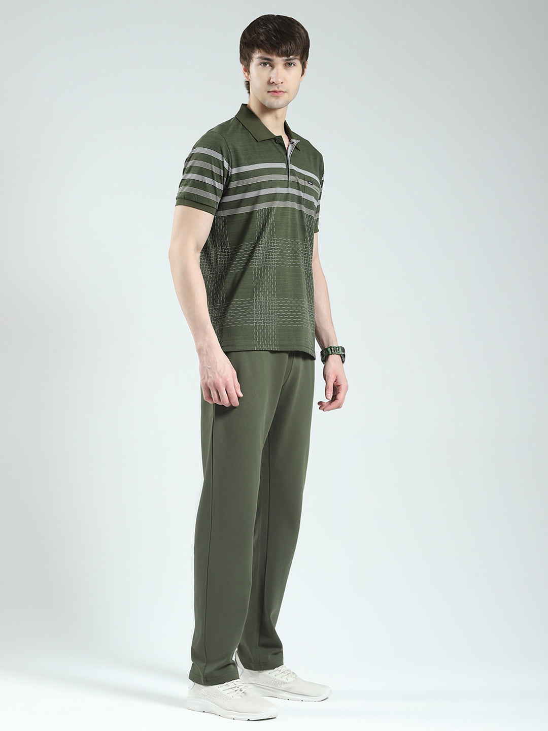 Men Olive Stripe Collar Half Sleeve Lower Set