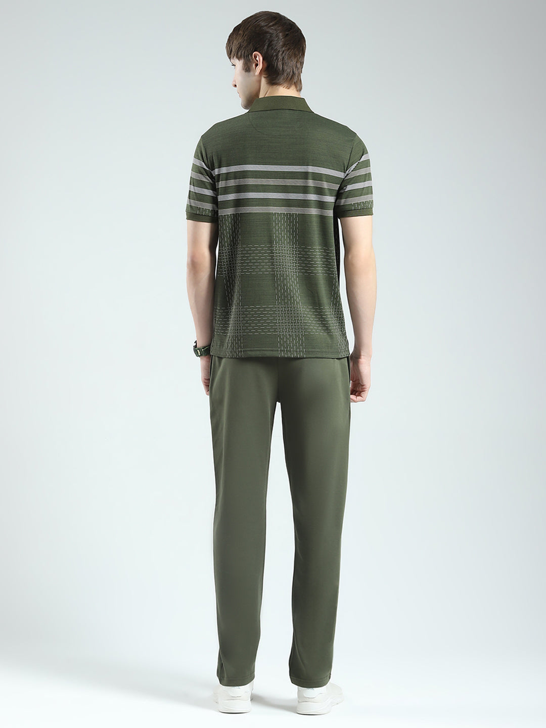 Men Olive Stripe Collar Half Sleeve Lower Set