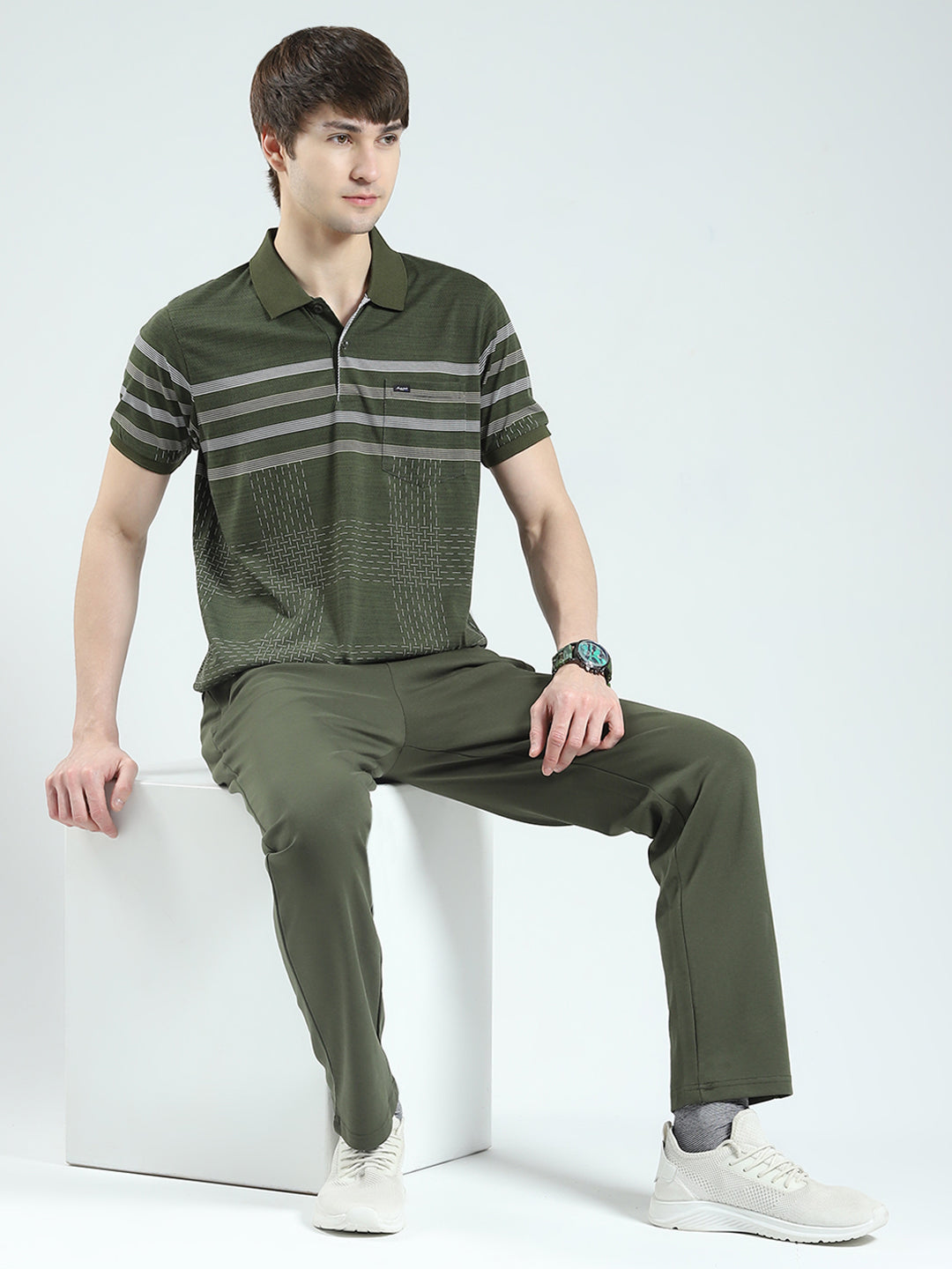 Men Olive Stripe Collar Half Sleeve Lower Set
