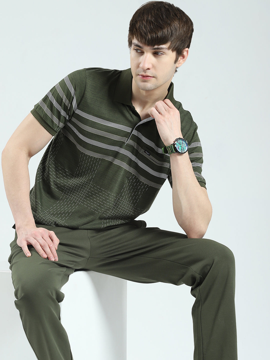 Men Olive Stripe Collar Half Sleeve Lower Set