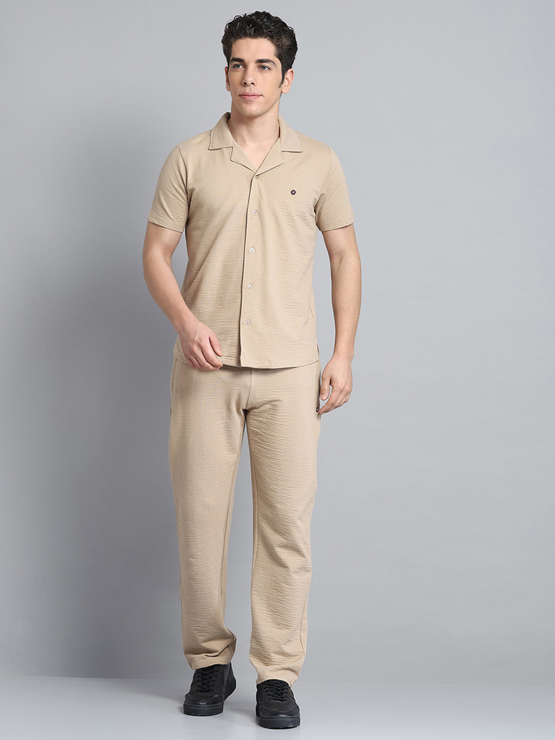 Men Khaki Self Design Collar Half Sleeve Lower Set