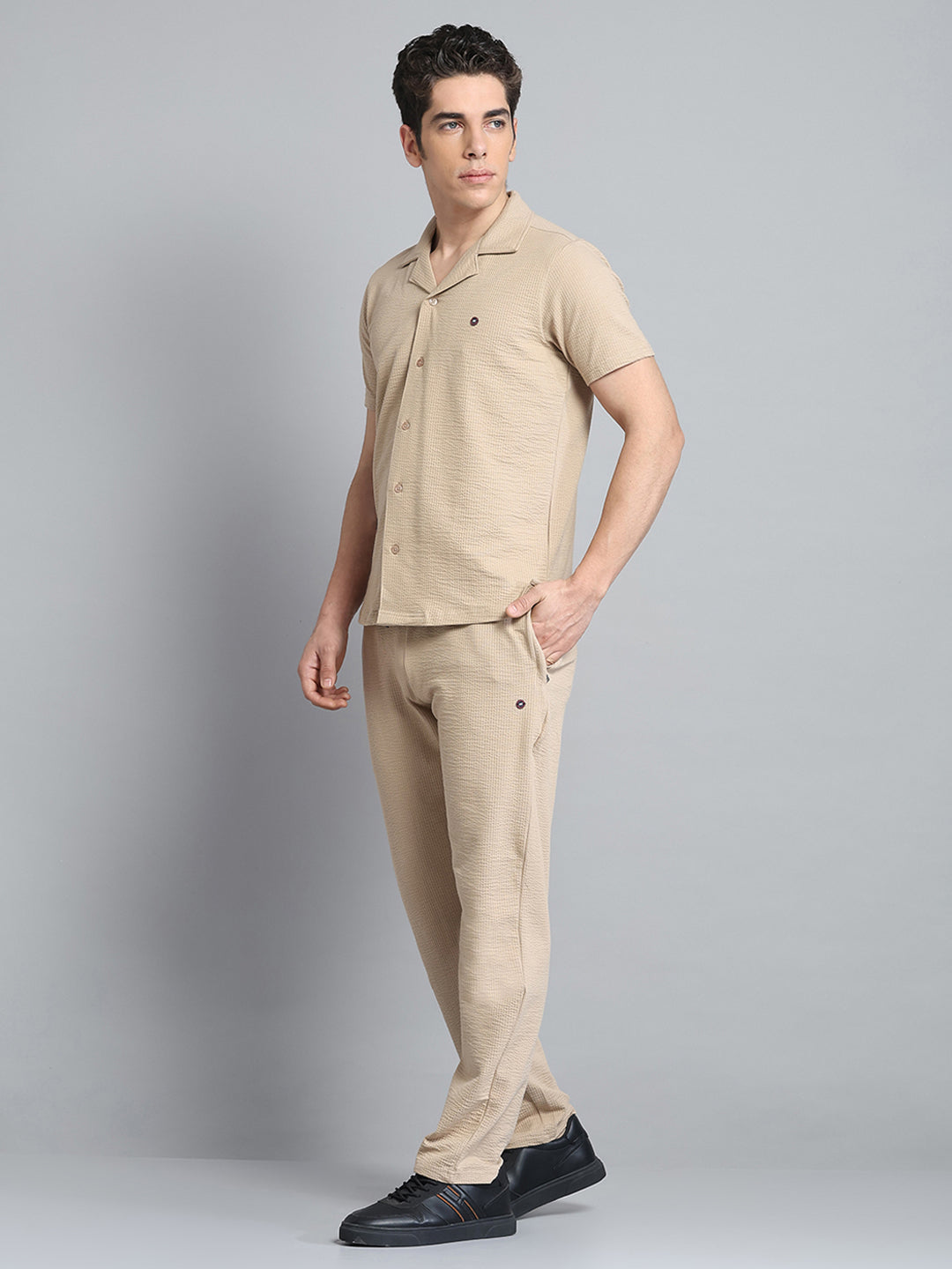 Men Khaki Self Design Collar Half Sleeve Lower Set
