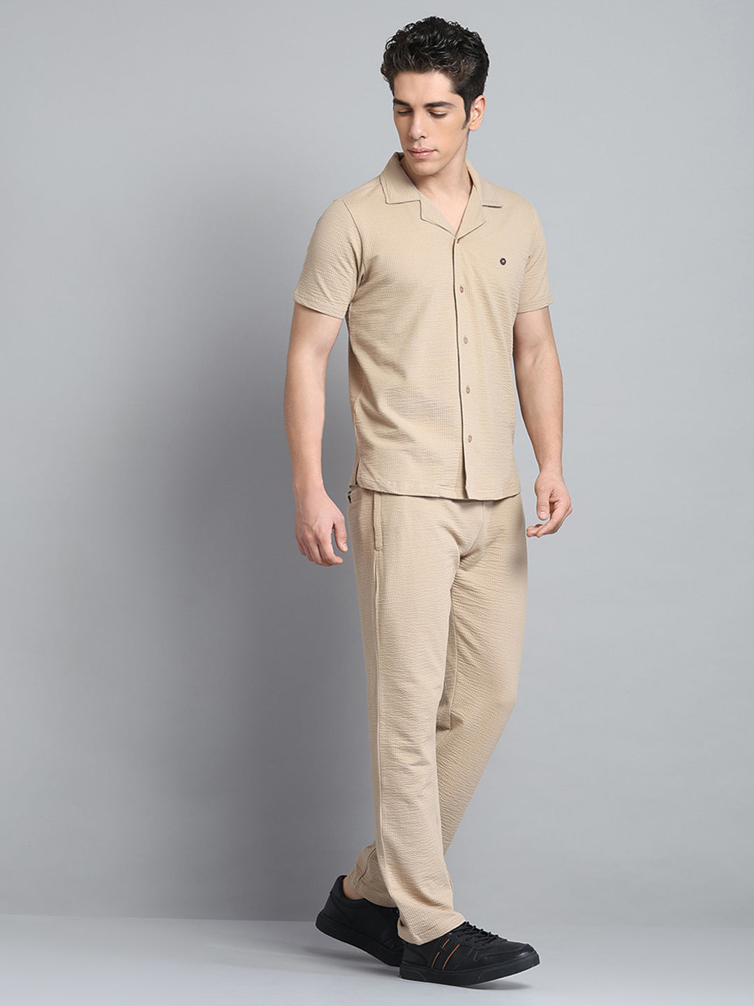 Men Khaki Self Design Collar Half Sleeve Lower Set