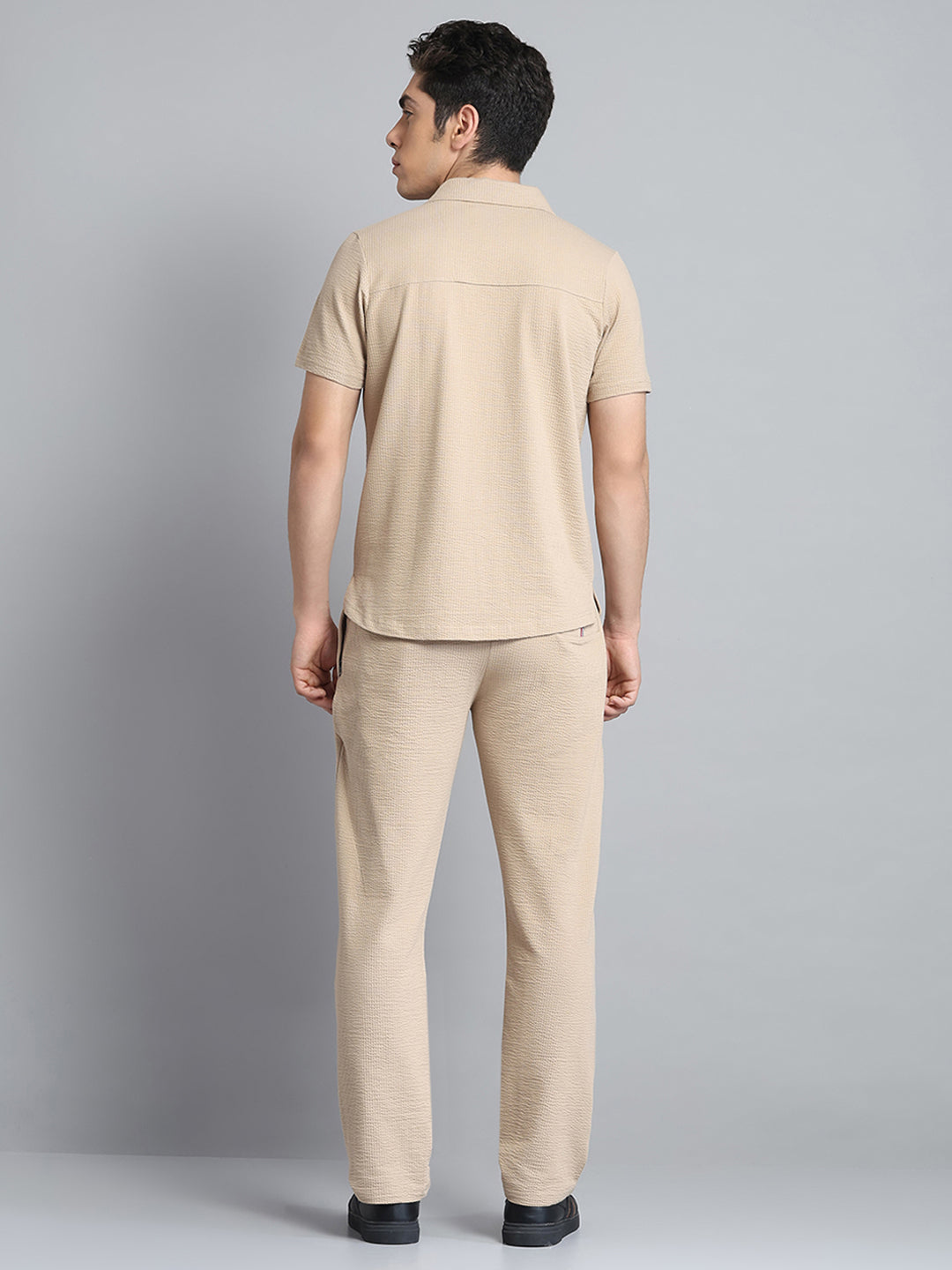 Men Khaki Self Design Collar Half Sleeve Lower Set