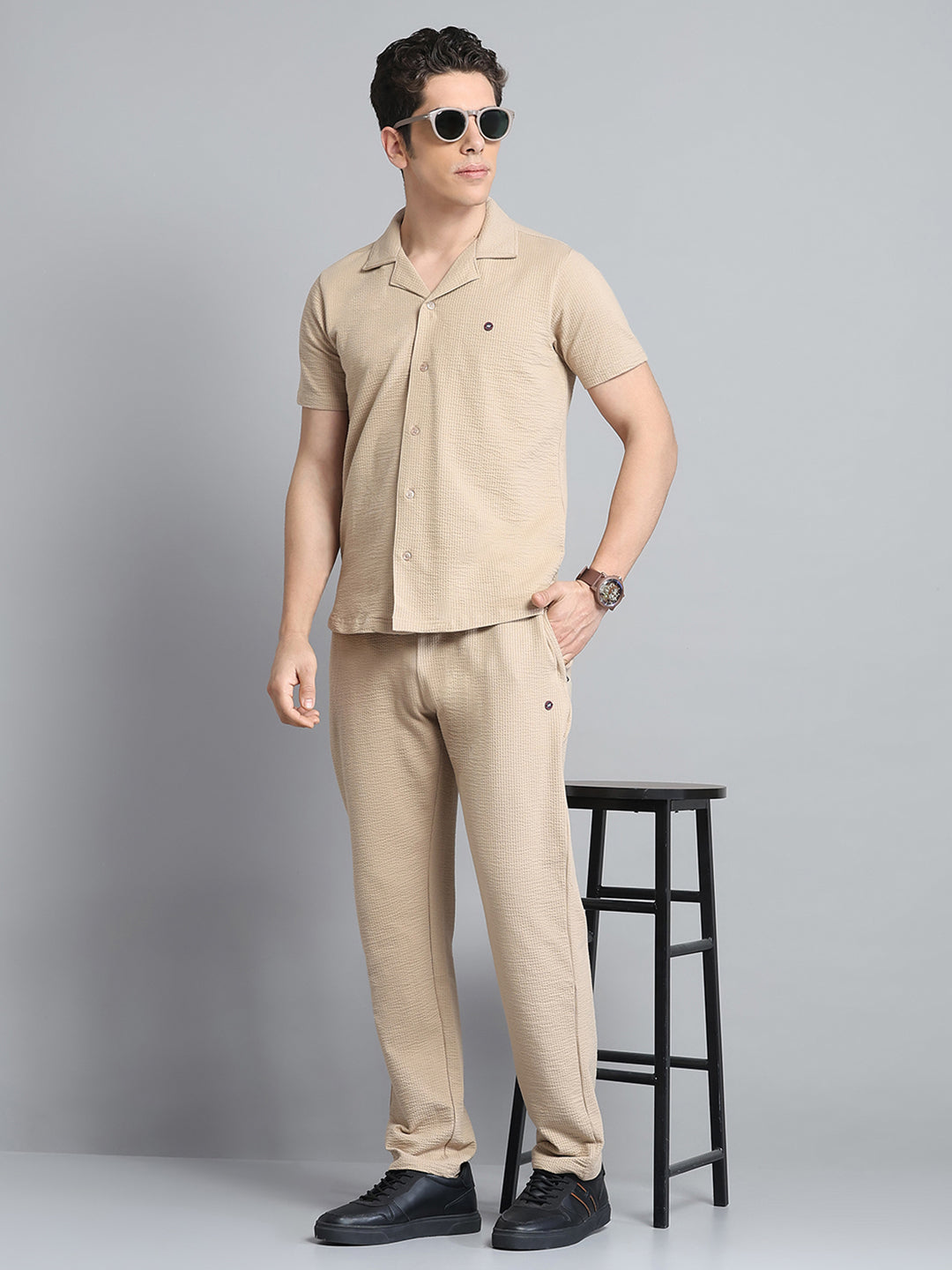 Men Khaki Self Design Collar Half Sleeve Lower Set