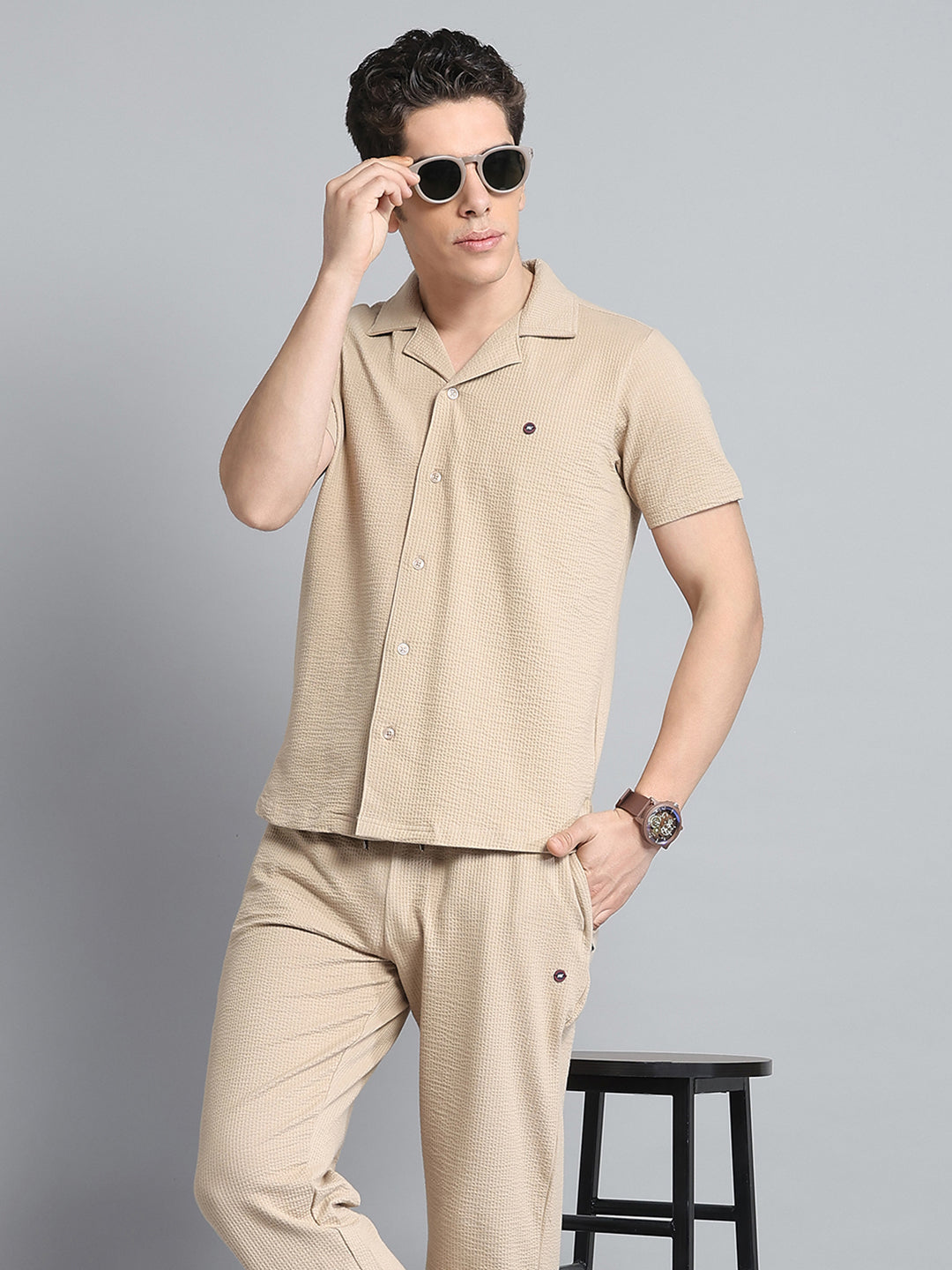 Men Khaki Self Design Collar Half Sleeve Lower Set