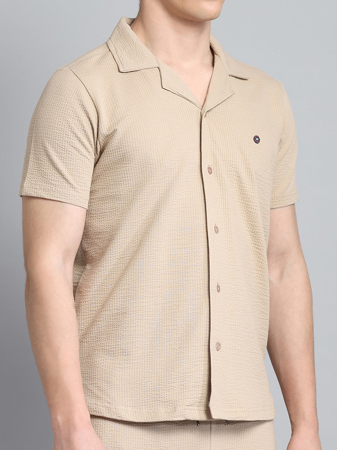 Men Khaki Self Design Collar Half Sleeve Lower Set