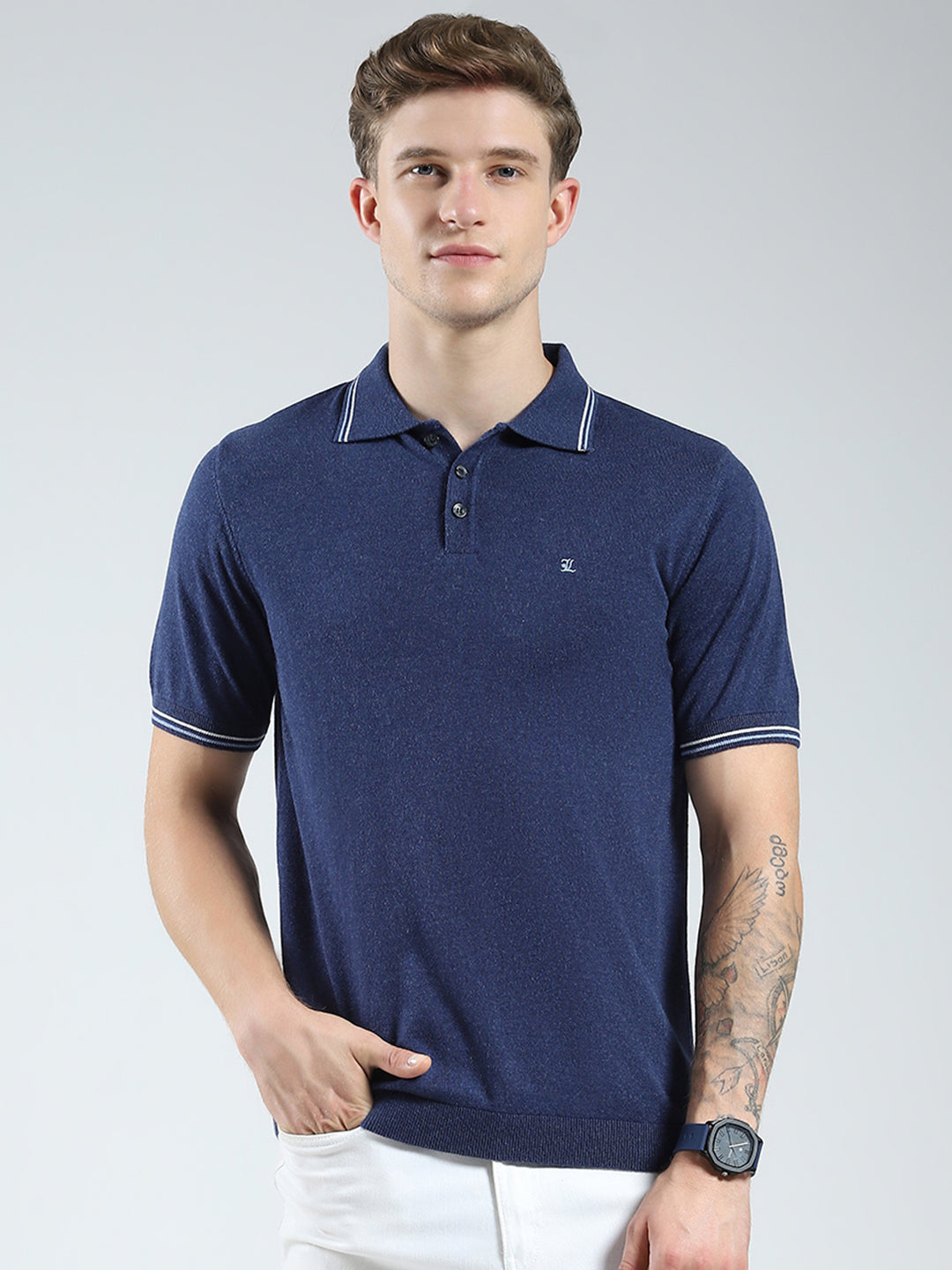 Luxuria Men Navy Blue Solid Collar Half Sleeve T-Shirt