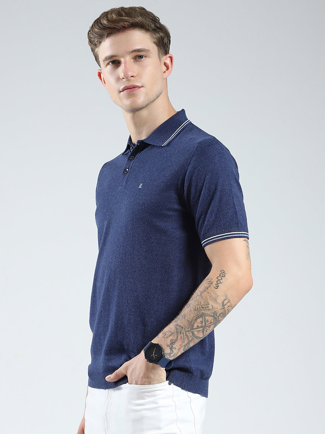 Luxuria Men Navy Blue Solid Collar Half Sleeve T-Shirt