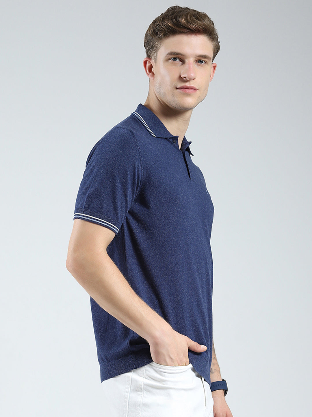 Luxuria Men Navy Blue Solid Collar Half Sleeve T-Shirt