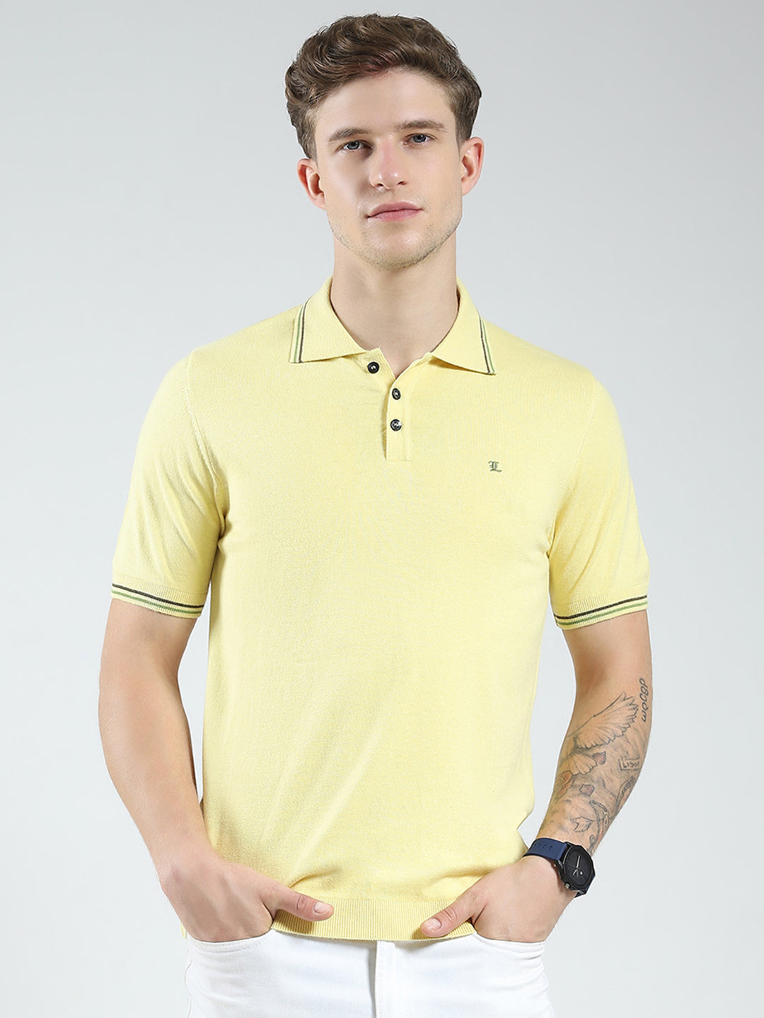 Luxuria Men Yellow Solid Collar Half Sleeve T-Shirt