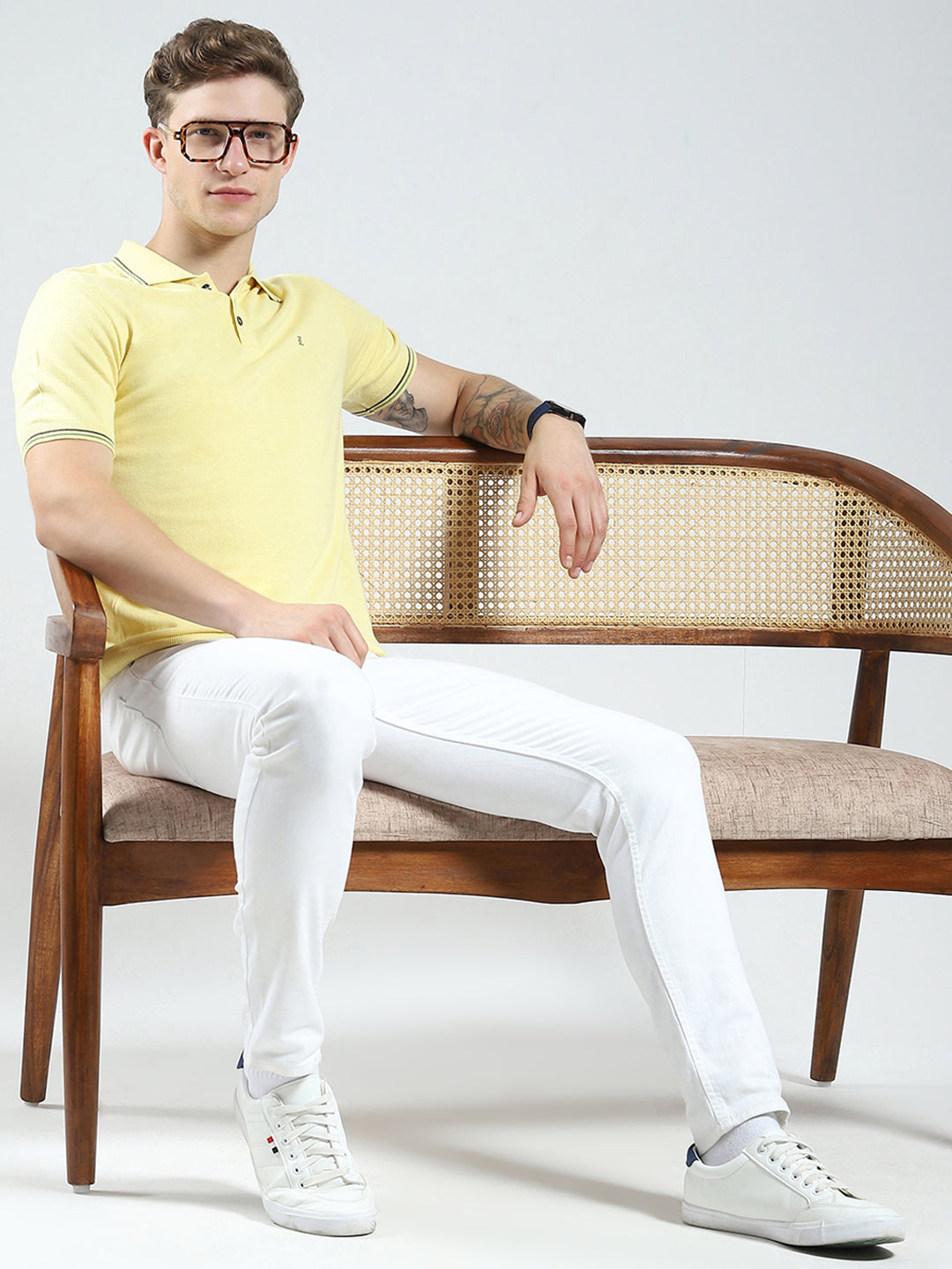 Luxuria Men Yellow Solid Collar Half Sleeve T-Shirt