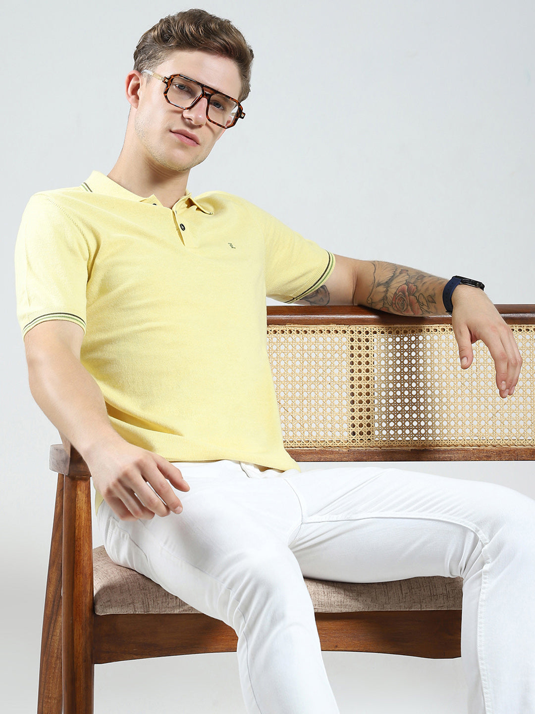 Luxuria Men Yellow Solid Collar Half Sleeve T-Shirt