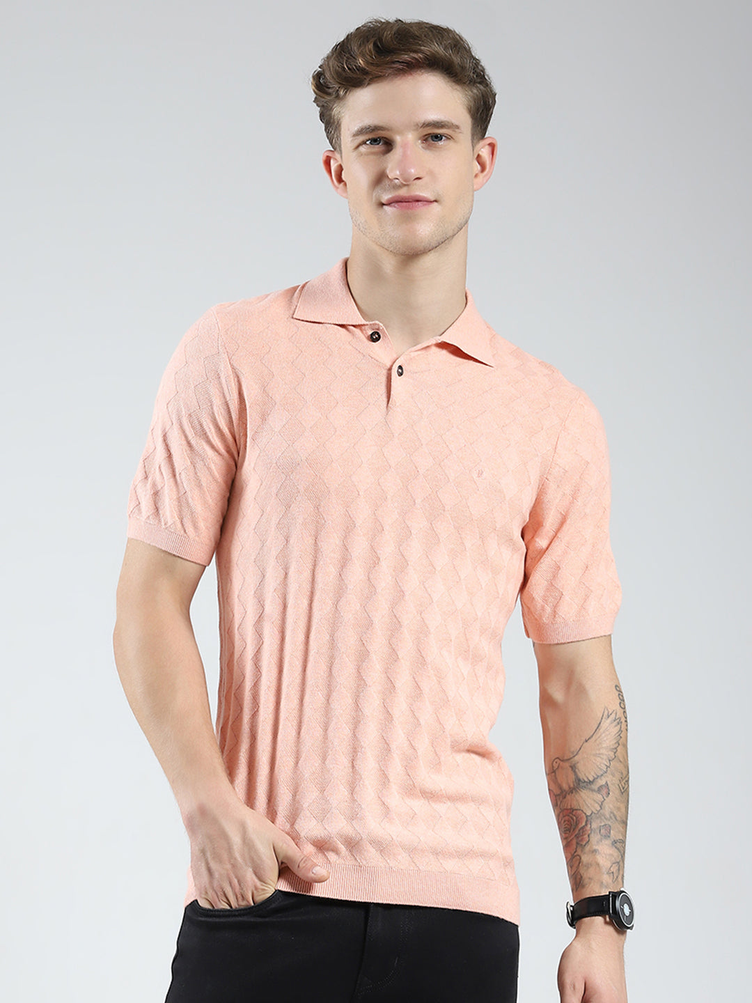 Luxuria Men Coral Self Design Collar Half Sleeve T-Shirt