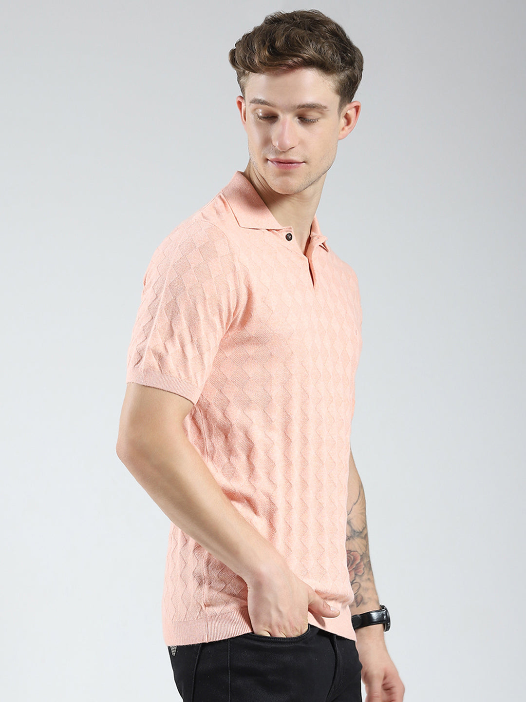 Luxuria Men Coral Self Design Collar Half Sleeve T-Shirt