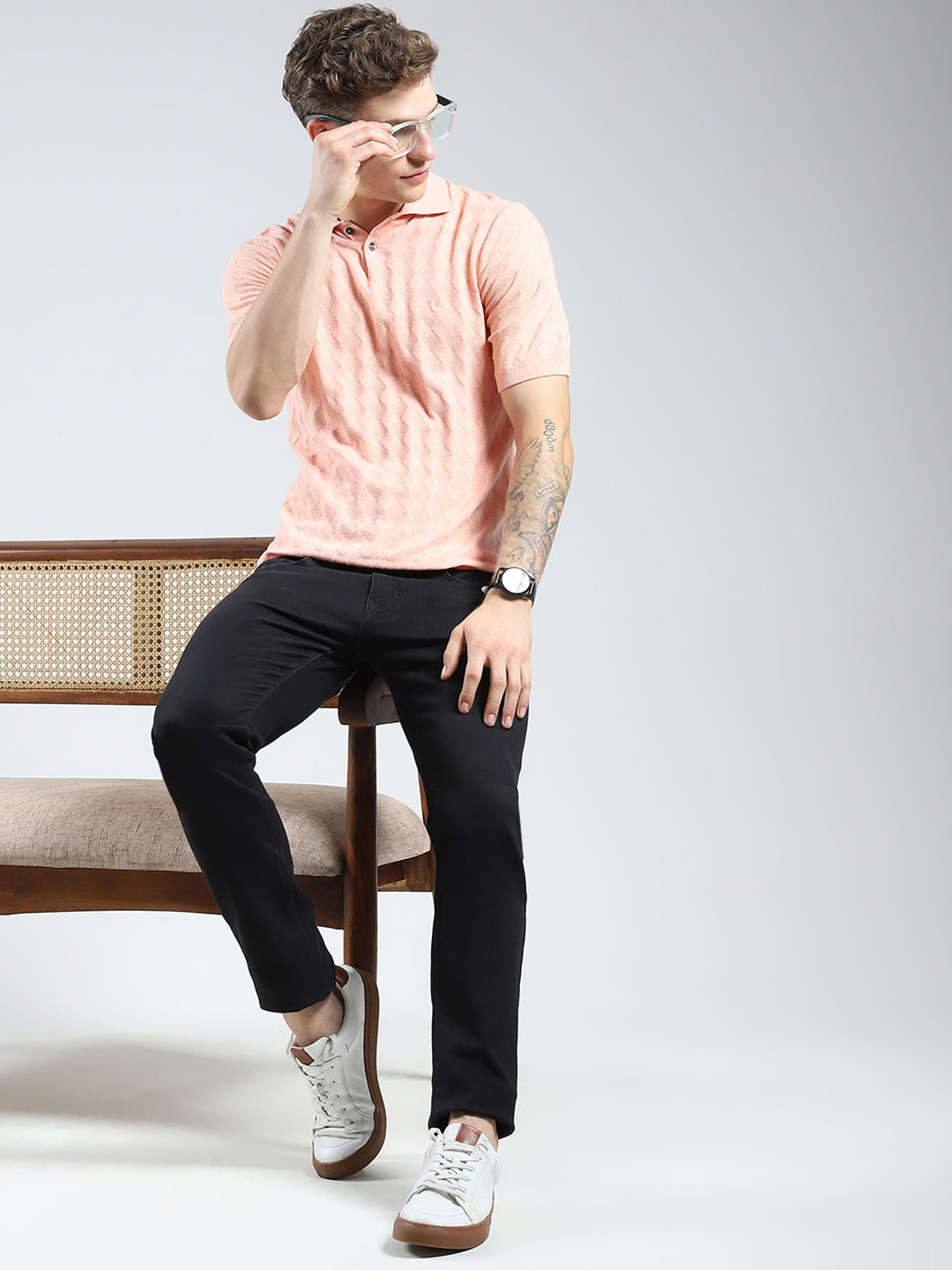 Luxuria Men Coral Self Design Collar Half Sleeve T-Shirt