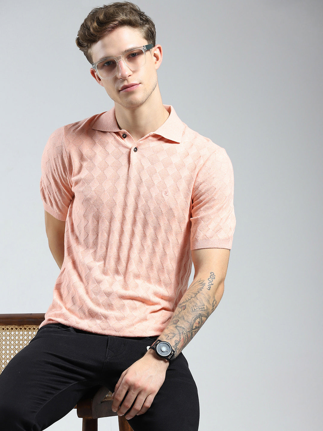 Luxuria Men Coral Self Design Collar Half Sleeve T-Shirt