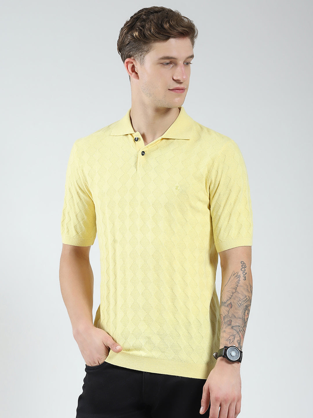 Luxuria Men Yellow Self Design Collar Half Sleeve T-Shirt