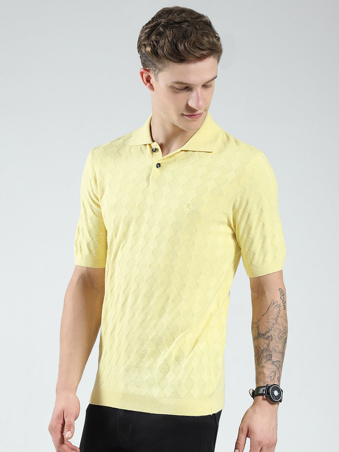 Luxuria Men Yellow Self Design Collar Half Sleeve T-Shirt