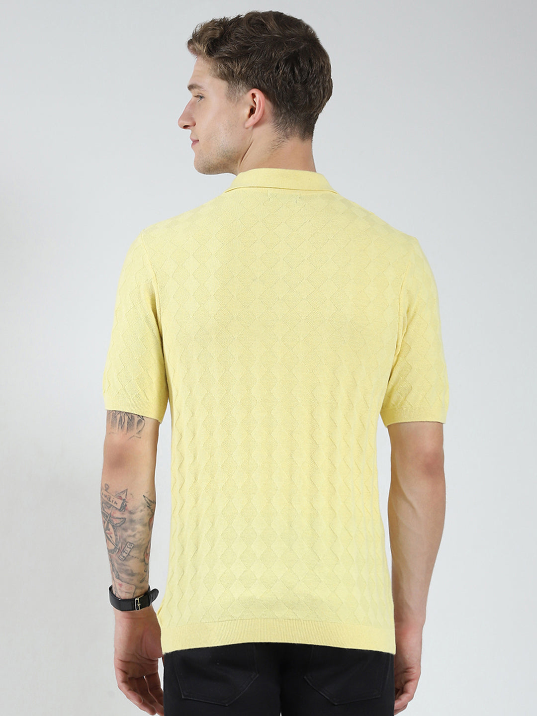 Luxuria Men Yellow Self Design Collar Half Sleeve T-Shirt