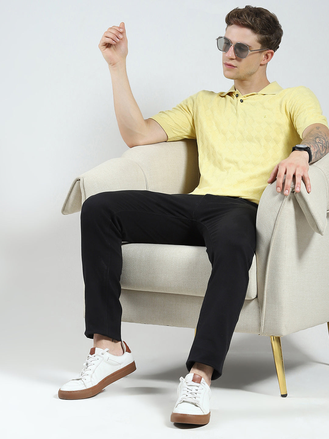 Luxuria Men Yellow Self Design Collar Half Sleeve T-Shirt