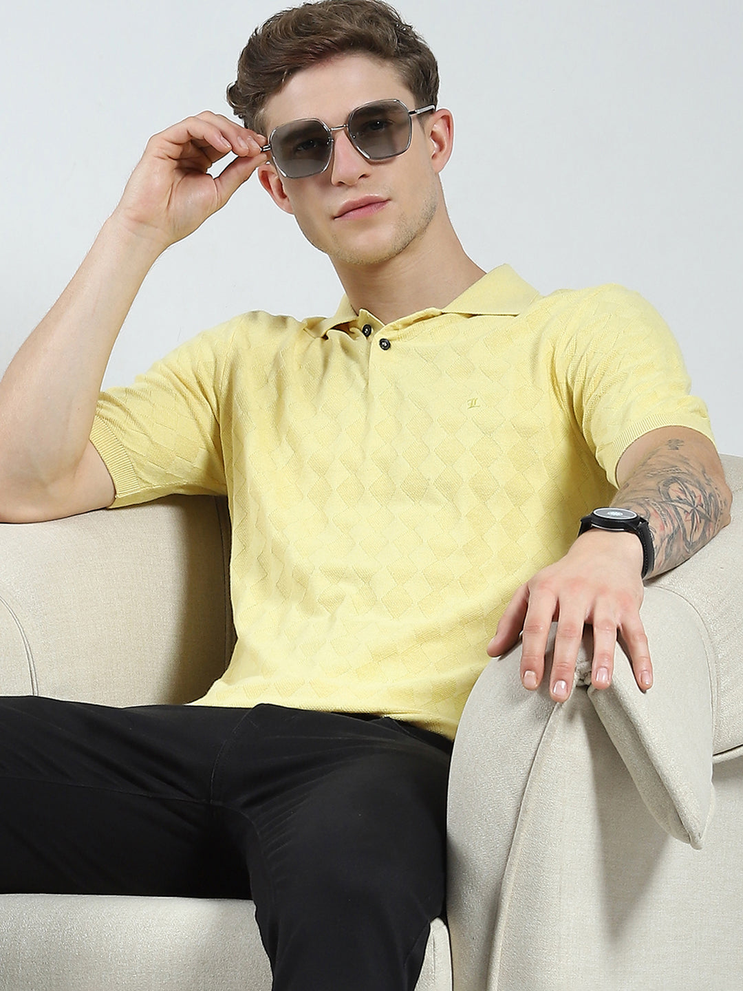 Luxuria Men Yellow Self Design Collar Half Sleeve T-Shirt